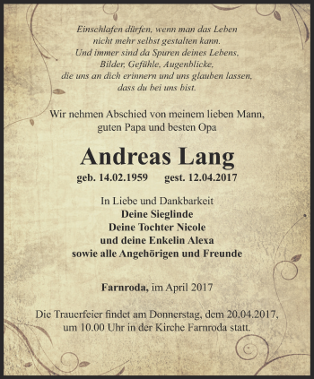 Traueranzeige von Andreas Lang von Thüringer Allgemeine, Thüringische Landeszeitung