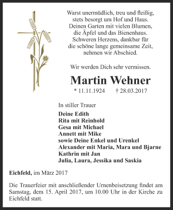 Traueranzeige von Martin Wehner von Ostthüringer Zeitung