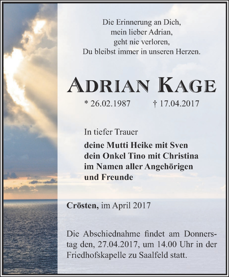  Traueranzeige für Adrian Kage vom 22.04.2017 aus Ostthüringer Zeitung