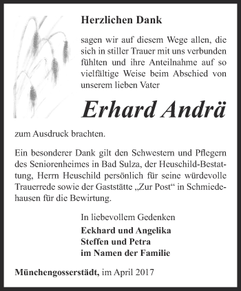 Traueranzeige von Erhard Andrä von Thüringer Allgemeine, Thüringische Landeszeitung