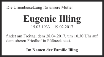 Traueranzeige von Eugenie Illing von Ostthüringer Zeitung