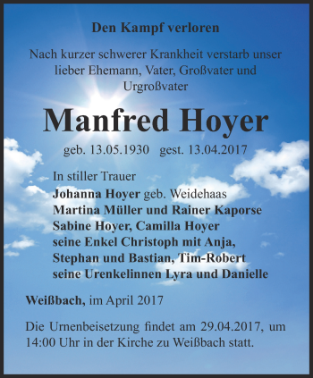 Traueranzeige von Manfred Hoyer von Ostthüringer Zeitung