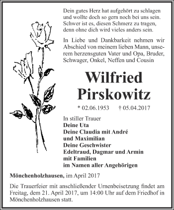 Traueranzeige von Wilfried Pirskowitz von Thüringer Allgemeine