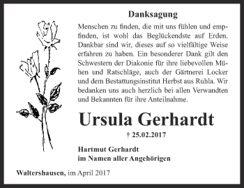 Traueranzeige von Ursula Gerhardt von Ostthüringer Zeitung, Thüringische Landeszeitung