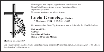 Traueranzeige von Lucia Graneis von Thüringer Allgemeine, Thüringische Landeszeitung