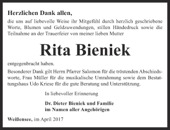 Traueranzeige von Rita Bieniek von Thüringer Allgemeine