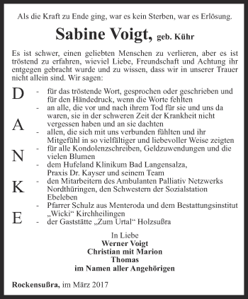 Traueranzeige von Sabine Voigt von Thüringer Allgemeine