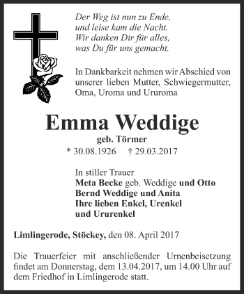 Traueranzeige von Emma Weddige von Thüringer Allgemeine