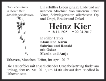 Traueranzeige von Heinz Kier von Thüringer Allgemeine, Thüringische Landeszeitung