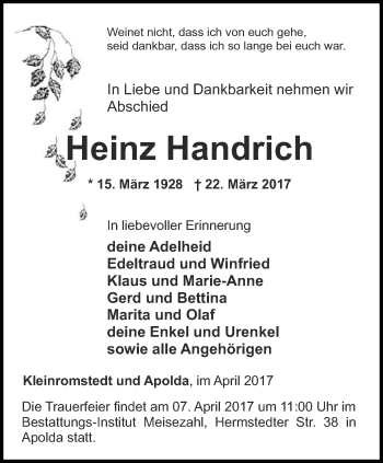 Traueranzeige von Heinz Handrich von Thüringer Allgemeine, Thüringische Landeszeitung