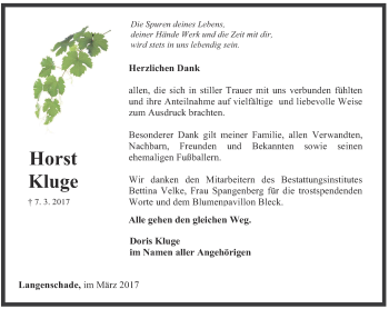 Traueranzeige von Horst Kluge von Ostthüringer Zeitung