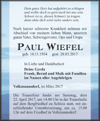 Traueranzeige von Paul Wiefel von Ostthüringer Zeitung