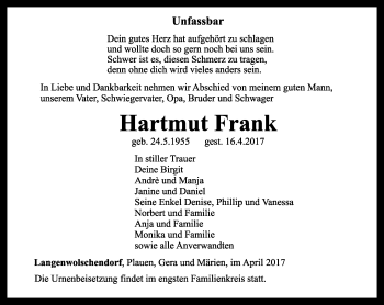 Traueranzeige von Hartmut Frank von Ostthüringer Zeitung