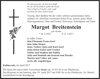 Traueranzeige von Margot Breitenstein von Thüringer Allgemeine