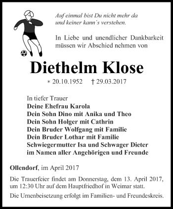 Traueranzeige von Diethelm Klose von Thüringer Allgemeine, Thüringische Landeszeitung