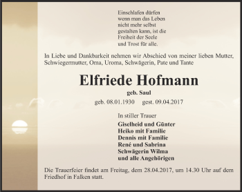 Traueranzeige von Elfriede Hofmann von Thüringer Allgemeine, Thüringische Landeszeitung