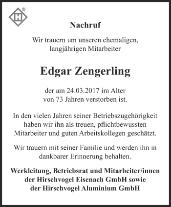 Traueranzeige von Edgar Zengerling von Thüringer Allgemeine, Thüringische Landeszeitung