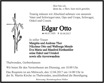 Traueranzeige von Edgar Otto von Thüringer Allgemeine