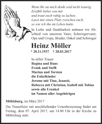 Traueranzeige von Heinz Möller von Thüringer Allgemeine, Thüringische Landeszeitung