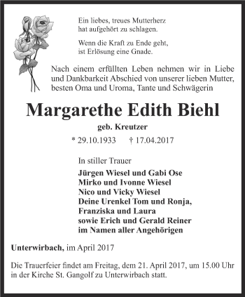 Traueranzeige von Margarethe Edith Biel von Ostthüringer Zeitung