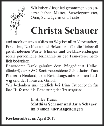 Traueranzeige von Christa Schauer von Thüringer Allgemeine