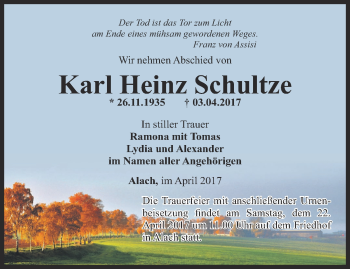 Traueranzeige von Karl Heinz Schultze von Thüringer Allgemeine, Thüringische Landeszeitung