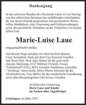 Traueranzeige von Marie-Luise Laue von Thüringer Allgemeine