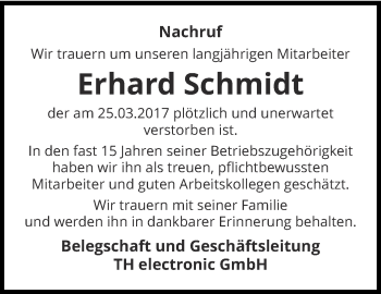 Traueranzeige von Erhard Schmidt von Thüringer Allgemeine, Thüringische Landeszeitung