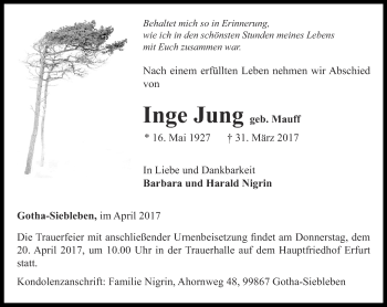 Traueranzeige von Inge Jung von Thüringer Allgemeine, Thüringische Landeszeitung
