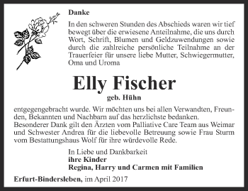 Traueranzeige von Elly Fischer von Thüringer Allgemeine, Thüringische Landeszeitung
