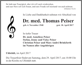 Traueranzeige von Thomas Peiser von Ostthüringer Zeitung