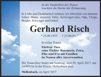 Traueranzeige von Gerhard Ritsch von Ostthüringer Zeitung