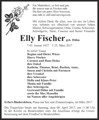Traueranzeige von Elly Fischer von Thüringer Allgemeine, Thüringische Landeszeitung