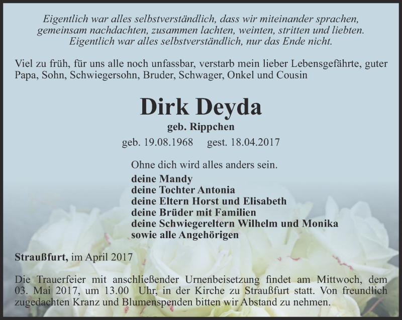  Traueranzeige für Dirk Deyda vom 25.04.2017 aus Thüringer Allgemeine