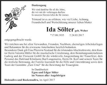 Traueranzeige von Ida Sölter von Thüringer Allgemeine