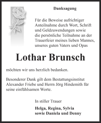 Traueranzeige von Lothar Brunsch von Thüringer Allgemeine, Thüringische Landeszeitung
