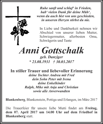 Traueranzeige von Anni Gottschalk von Ostthüringer Zeitung