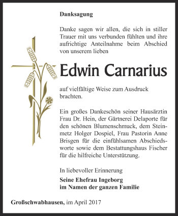 Traueranzeige von Edwin Carnarius von Thüringer Allgemeine, Thüringische Landeszeitung