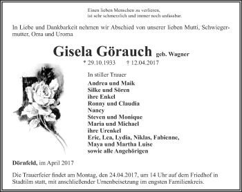 Traueranzeige von Gisela Görauch von Thüringer Allgemeine