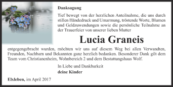 Traueranzeige von Lucia Graneis von Thüringer Allgemeine, Thüringische Landeszeitung