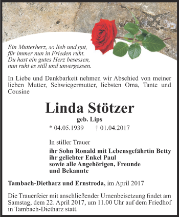 Traueranzeige von Linda Stötzer von Ostthüringer Zeitung, Thüringische Landeszeitung