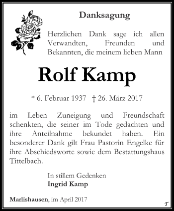 Traueranzeige von Rolf Kamp von Thüringer Allgemeine