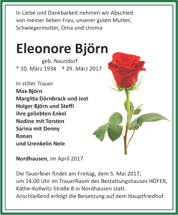 Traueranzeige von Eleonore Björn von Thüringer Allgemeine