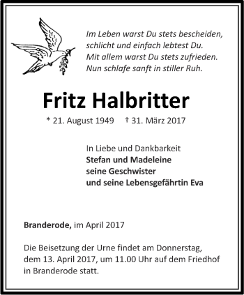 Traueranzeige von Fritz Halbritter von Thüringer Allgemeine