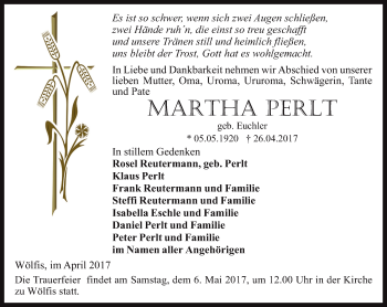 Traueranzeige von Martha Perlt von Ostthüringer Zeitung, Thüringische Landeszeitung