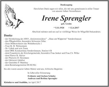 Traueranzeige von Irene Sprengler von Thüringer Allgemeine