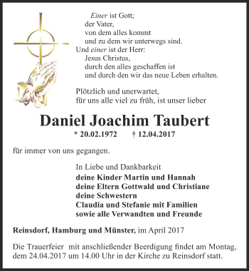 Traueranzeige von Daniel Joachim Taubert von Ostthüringer Zeitung