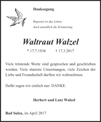 Traueranzeige von Waltraut Walze von Thüringer Allgemeine, Thüringische Landeszeitung