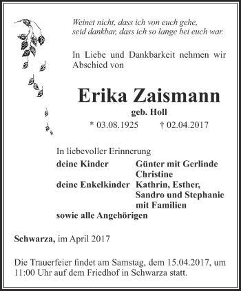 Traueranzeige von Erika Zaismann von Thüringer Allgemeine, Thüringische Landeszeitung