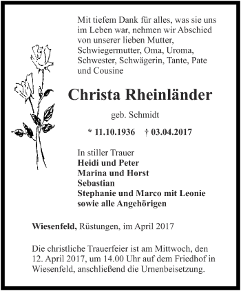 Traueranzeige von Christa Rheinländer von Thüringer Allgemeine